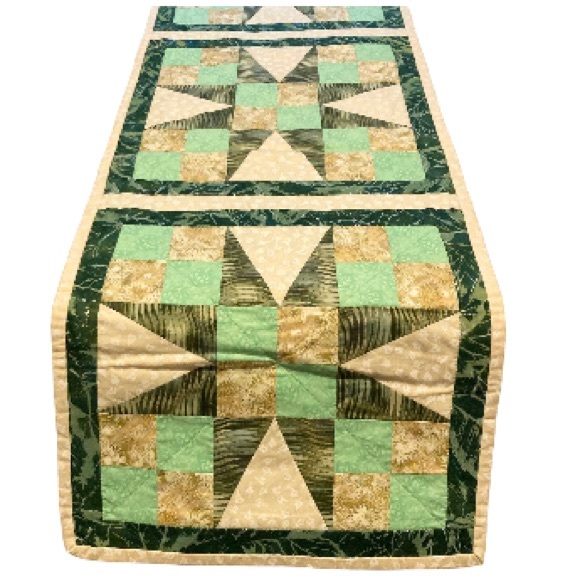 Quilted Table Runner Starburst Squares Green, Gold, Cream, Brown NEW! 74” x 15” - Picture 2 of 7